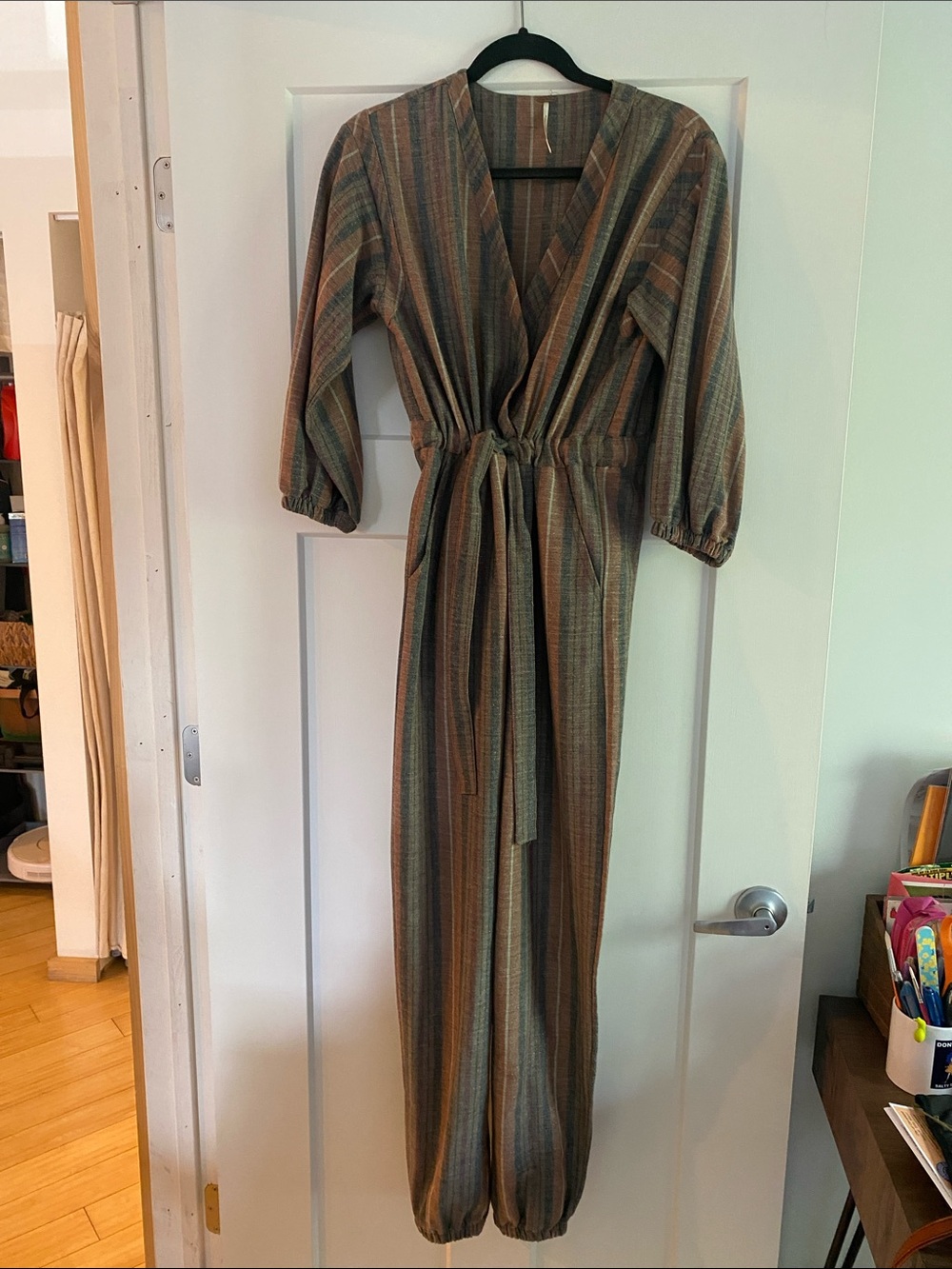 Striped V-Neck Long Sleeve Jumpsuit in Brown and Green